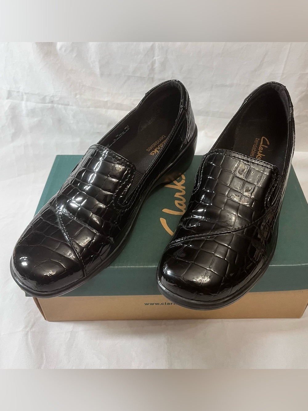 Clarks Black Croc-Embossed Patent Slip-On Loafers